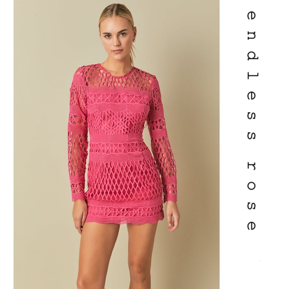 Endless Rose Dresses & Skirts - Endless Rose - Long Sleeve Crochet Mini Dress - Fuchsia